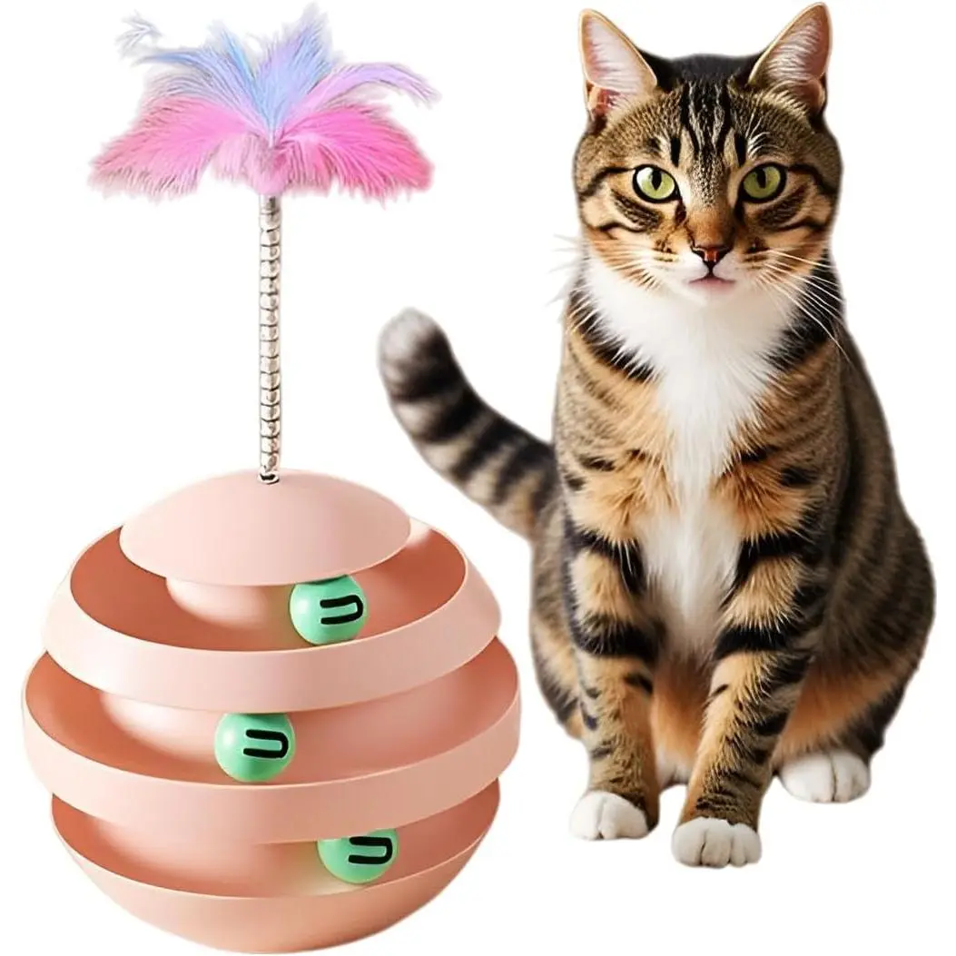 Cat Toys for Indoor Cats, Interactive Spinning Cat Ball Track with Feather, Engaging Kitten Toy Tumbler 3-Layer Cat Ball Tower for Bored Cats