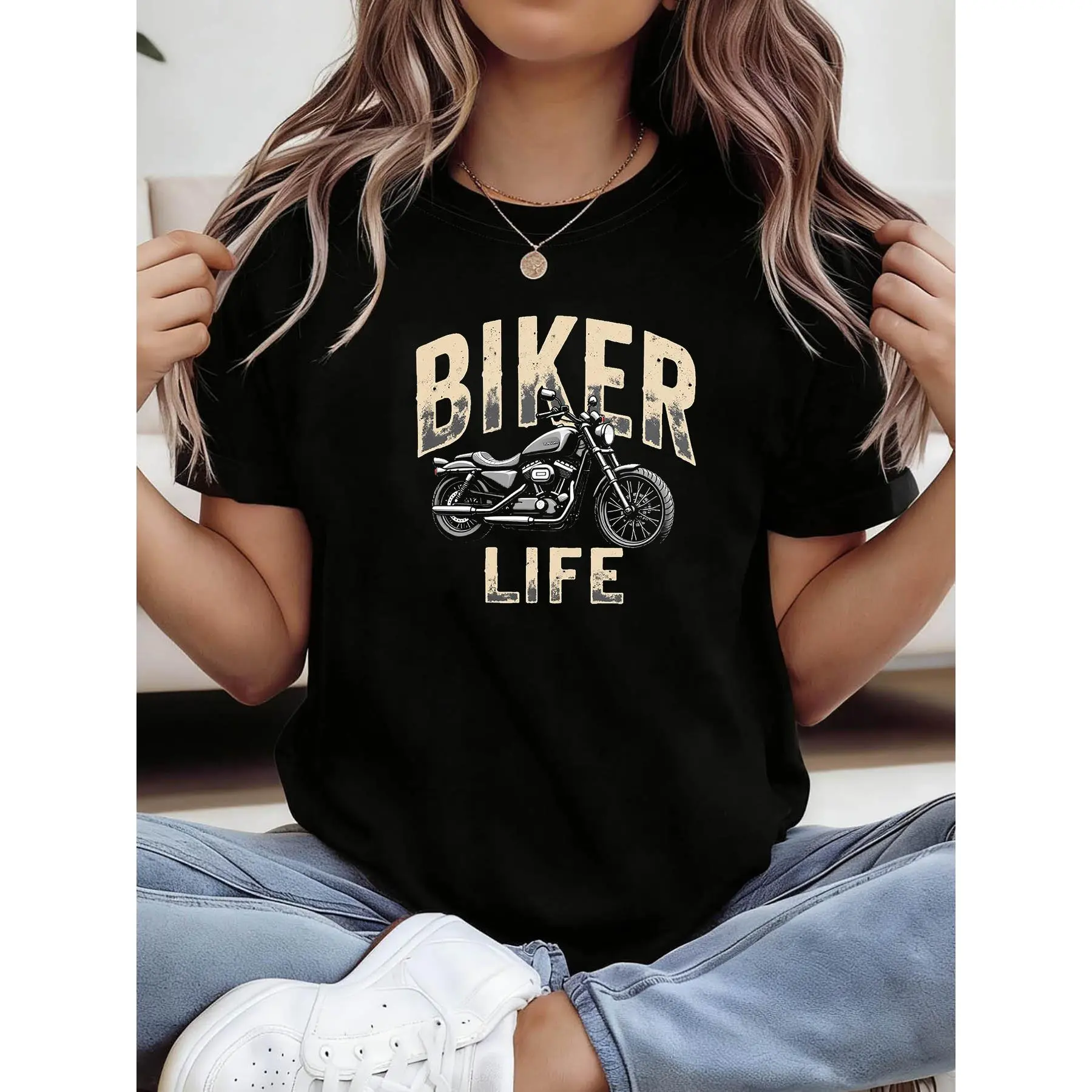 Plus Size, BIKER LIFE Women's Plus Size Vintage Motorcycle T-Shirt - Biker-Themed BIKER LIFE Print Short Sleeve Crew Neck Top, Casual Spring Summer Blouse Outfit Suitable for Motorcycle Riding Events, Biker Meetups & Casual Attire