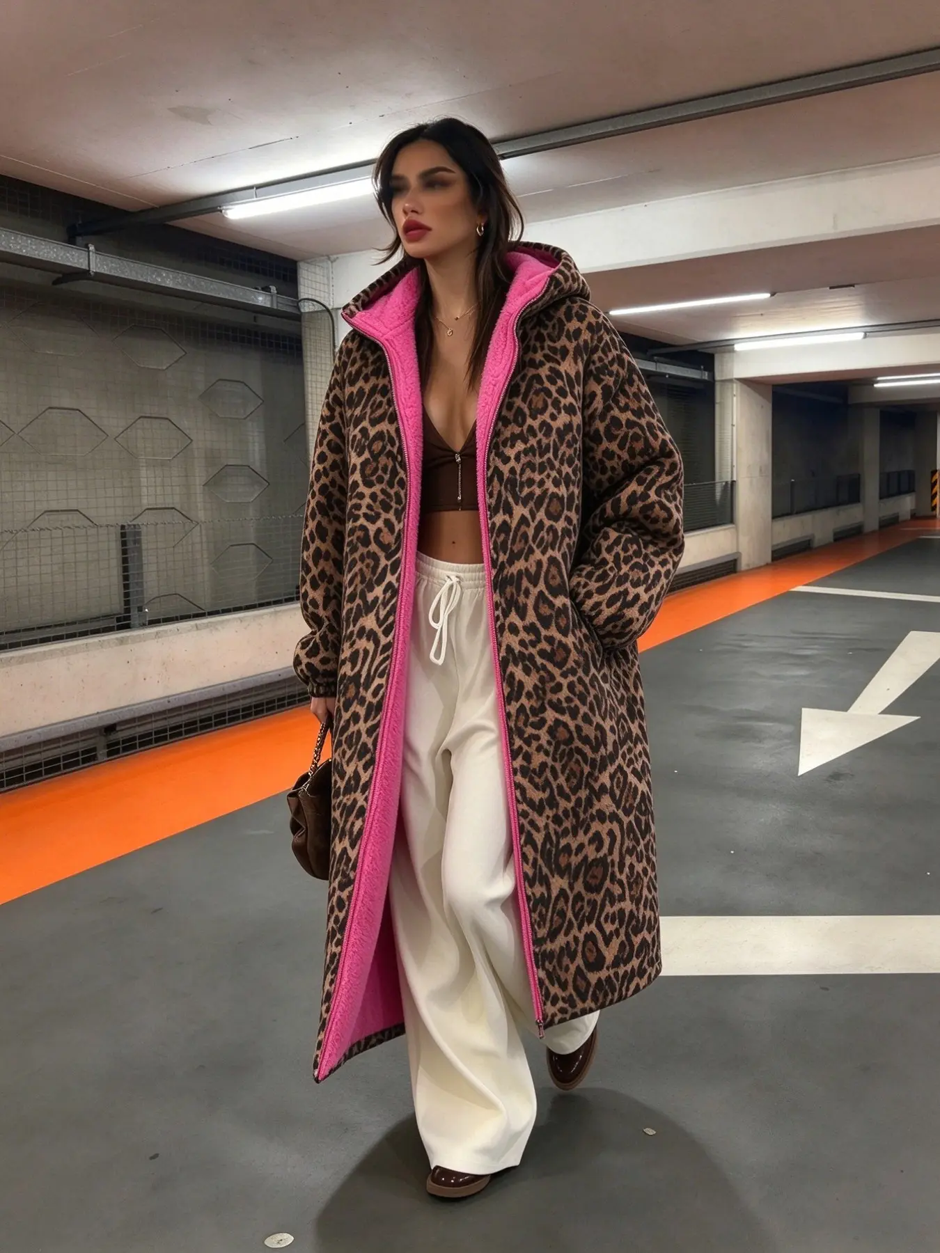 Women's Cozy Leopard Print Long Hooded Coat with Pink Fleece Lining | Y2K Oversized Zip Up Loungewear Outerwear for Fall Winter Home