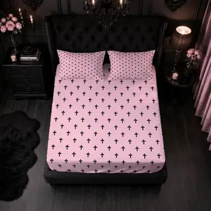 1 Set Fitted Sheet Bundle, American Unique Allover Cross Trend Print, No Pillow Insert Included,3Pcs(1 Fitted Sheet+2 Pillowcases), Elastic Skirt for Perfect Mattress Fit, For Bedroom Makeover & Birthday Festival Presents for Adult Users