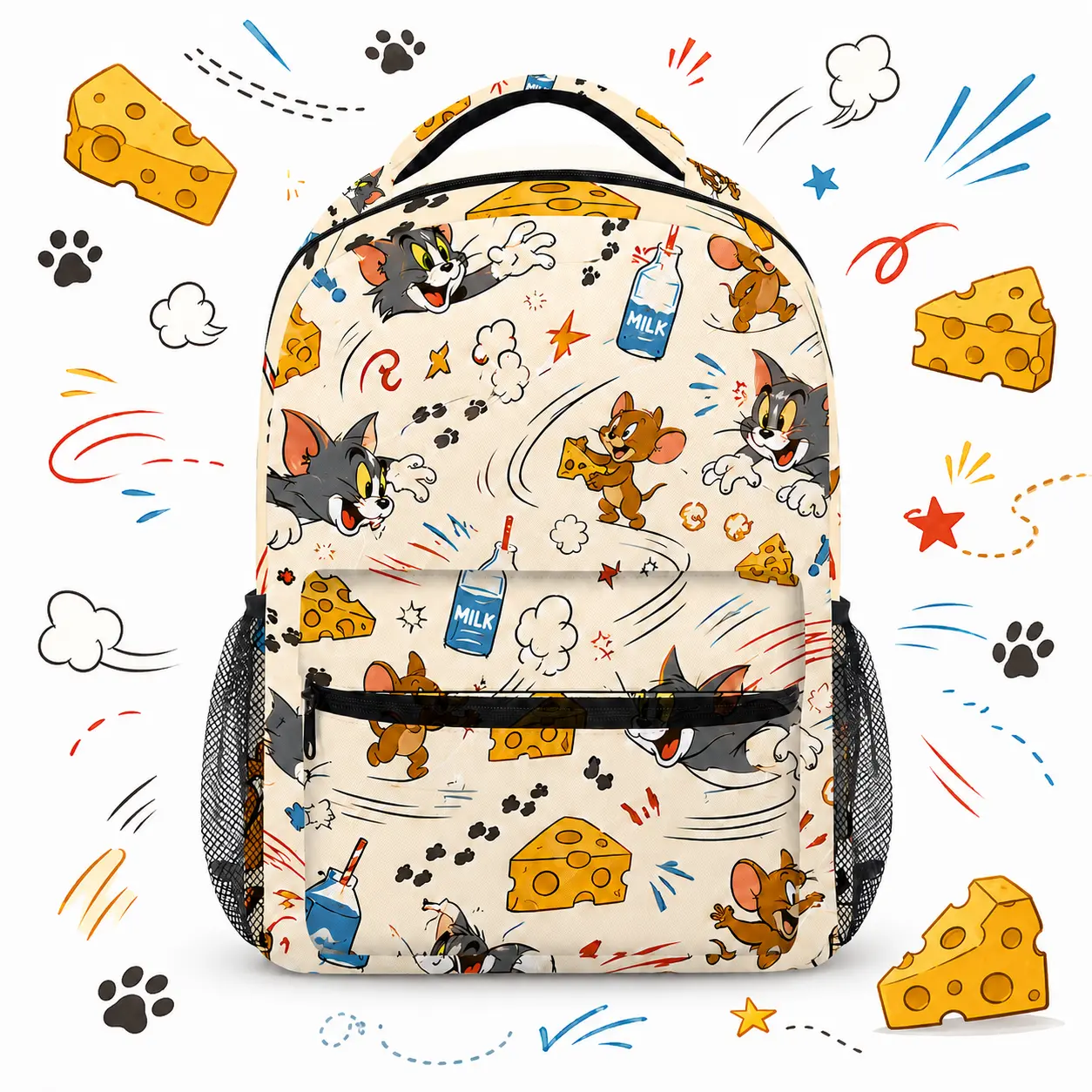 Tom and Jerry Cartoon Print Backpack, Cute All-Over School Bookbag with Front Zipper Pocket and Side Mesh Pockets, Back to School Travel Daypack for Kids Teens Students