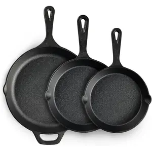 Cast Iron Skillet 3-Piece Set, Heavy-Duty Professional Restaurant Chef Quality Pre-Seasoned Pan Cookware Set, 6", 8", 10" Pans For Frying, Saute, Cooking, Use Indoor/Outdoor, Oven, Grill