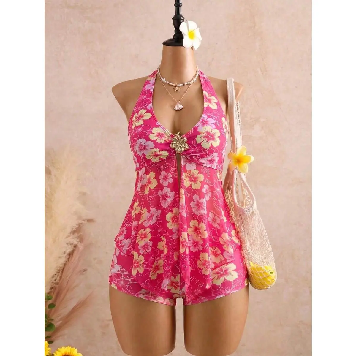 Women's Summer Beach Metal Decor Floral Print Halter Neck Tank Top And Shorts Tankini 2-Piece Set