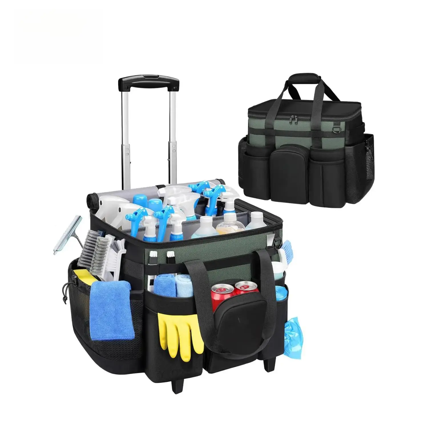 [Back To School]Extra Large Rolling Cleaning Caddy with Detachable Trolley - Water-Resistant Polyester Bag Organizer with Wheels, Velcro Straps, 14 Pockets for Housekeepers, Cleaning Supplies, Household Items, Picnic Use