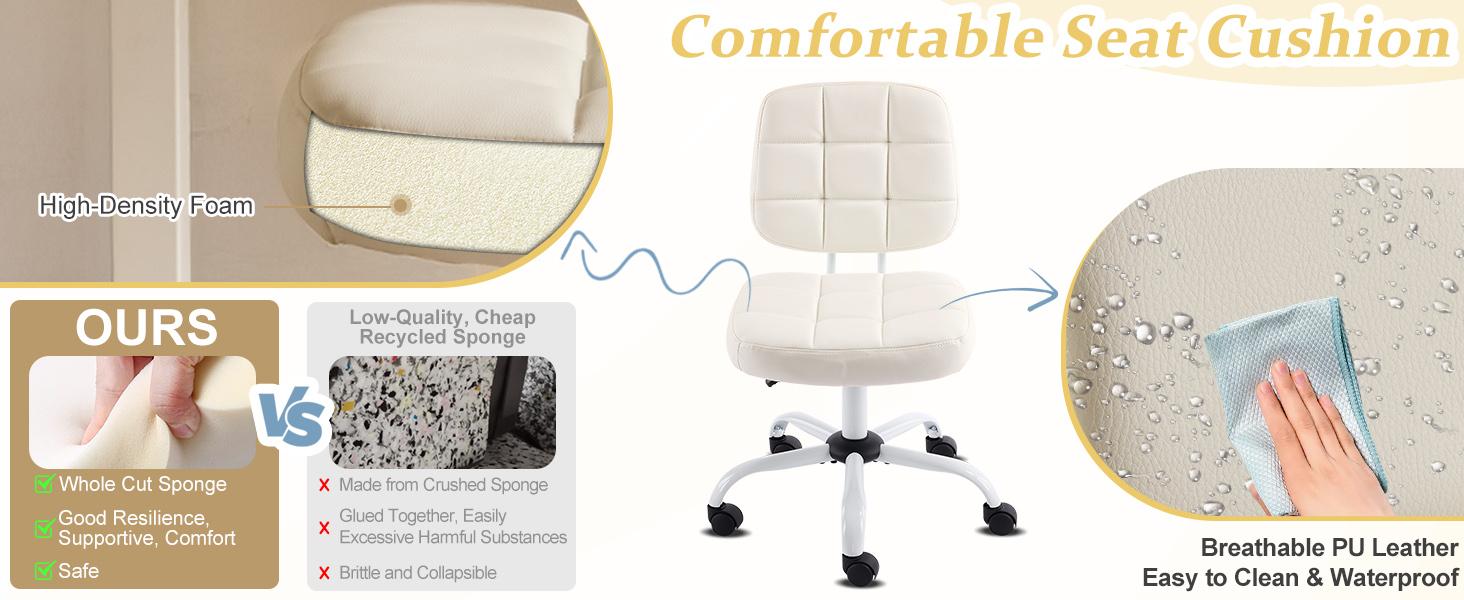 VINGLI Compact Small Desk Chair, Cute Armless Chair with Wheels, Vanity Chair with Low Back, Height Adjustable Task Chair for Small Spaces, Office, Bedroom, Make Up Room, PU Leather, White