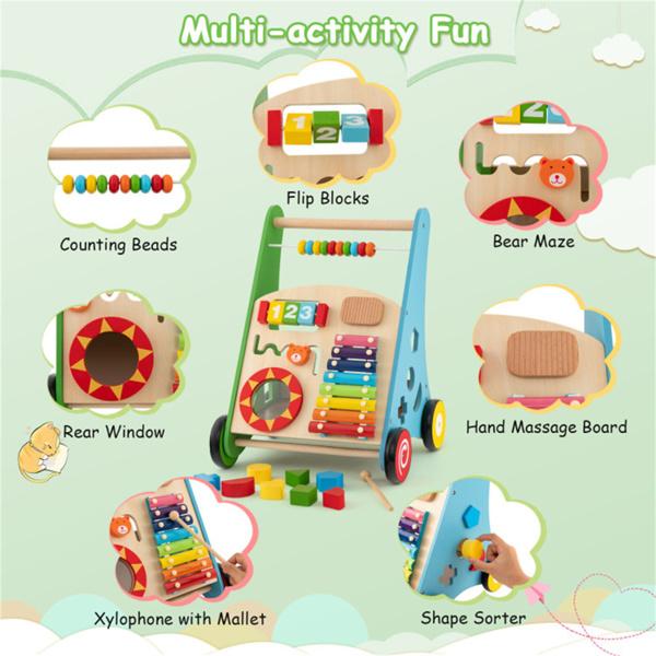 Multifunctional Wooden Baby Walker - 7+ Activity Center (Xylophone/Shape Sorter/Mirror), 3+ Years Old