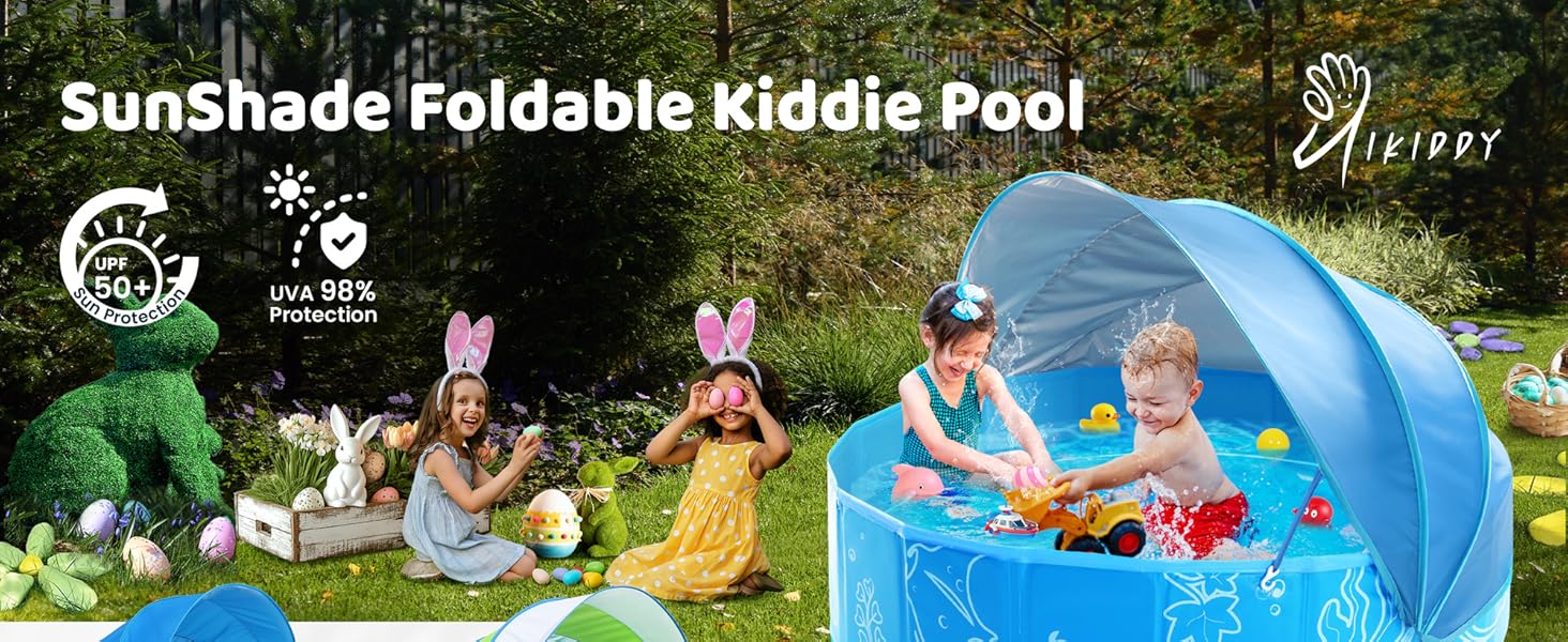 Foldable Kiddie Pool with Canopy: 47in Baby Pool and Beach Tent for Toddlers Infants 6-12 Months and Kids 2-4 Years Old - Portable Water Play with Shade for Outdoor Backyard Beach (Blue-Blue)