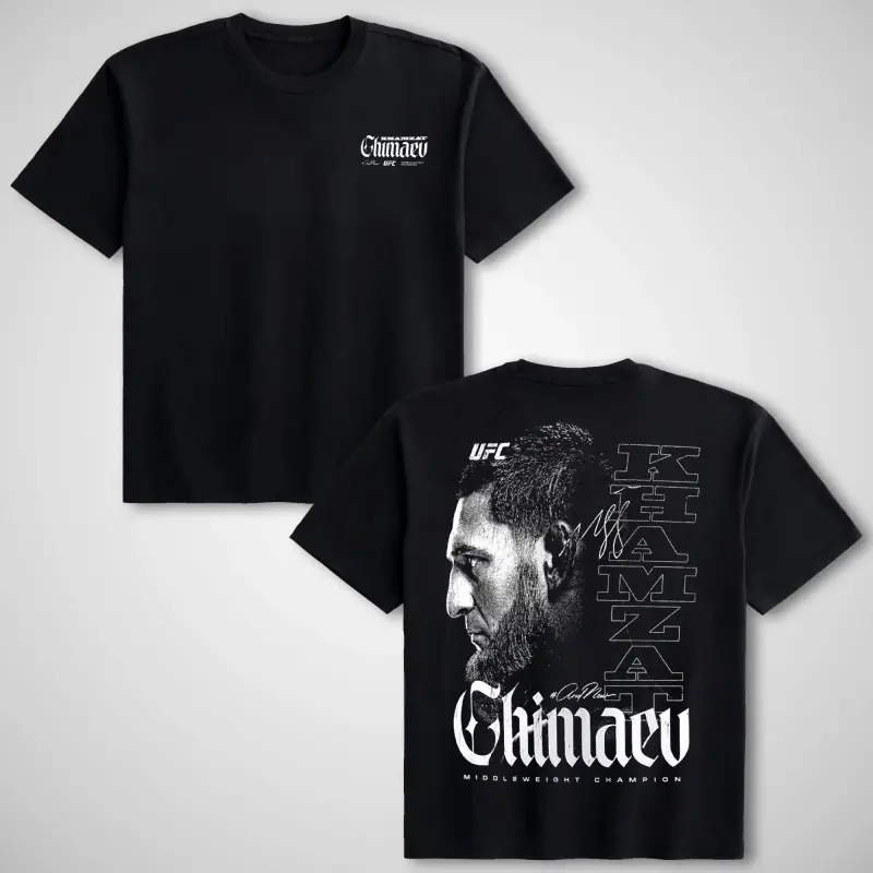 Men’s UFC Khamzat Chimaev Champion V2 Premium Cotton Casual Menswear Short-Sleeve Crewneck T-Shirt - Athletic, Relaxed Fit, Fade Resistant, Unisex Vintage Streetwear, Cold Wash, All Seasons, MMA Fan Gift