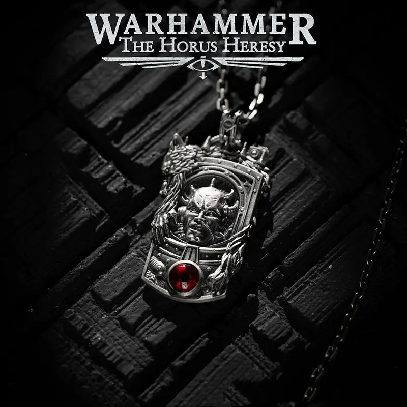 Vintage Silver Demon Wolf Dog Tag Necklace 3D Embossed Devil Pendant with Red Zircon Retro Dark Fantasy Gothic Men's Metal Chain Necklace