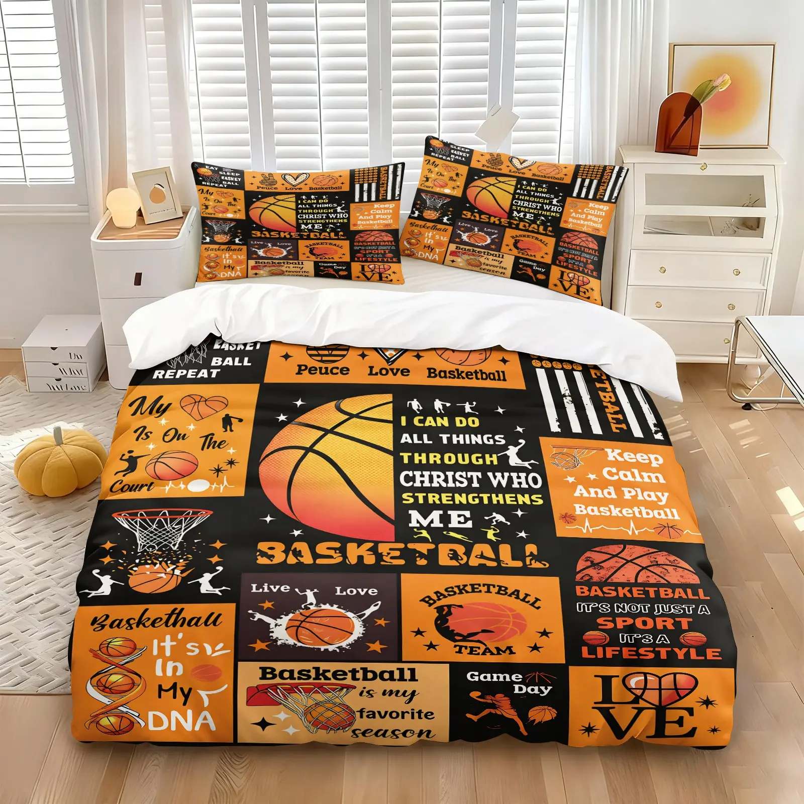 Orange Black Basketball Patchwork Inspirational Slogan Duvet Cover Set, 1 Duvet Cover + 1/2 Pillowcases, Soft All Season Bedding, Sentimental Birthday Gift For Teen Boys, Basketball Athletes & Sports Fans Bedroom Decor
