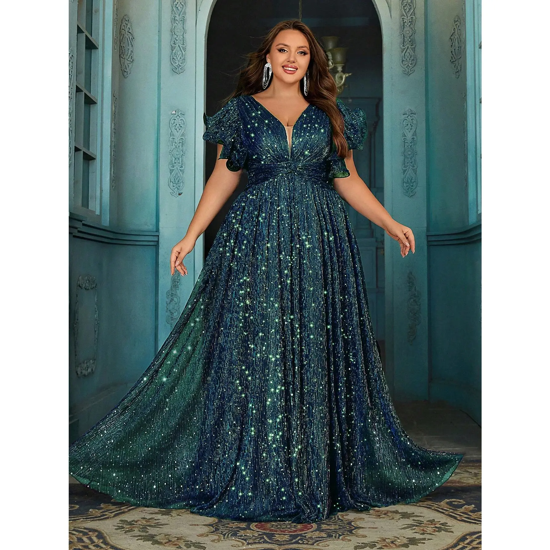 Women's Plus Size Formal V-Neck Ruffle Short Sleeve Knit Fabric Floor-Length Maxi Gown - Empire Waist, Loose Cut, Reflective Glow Evening Wear