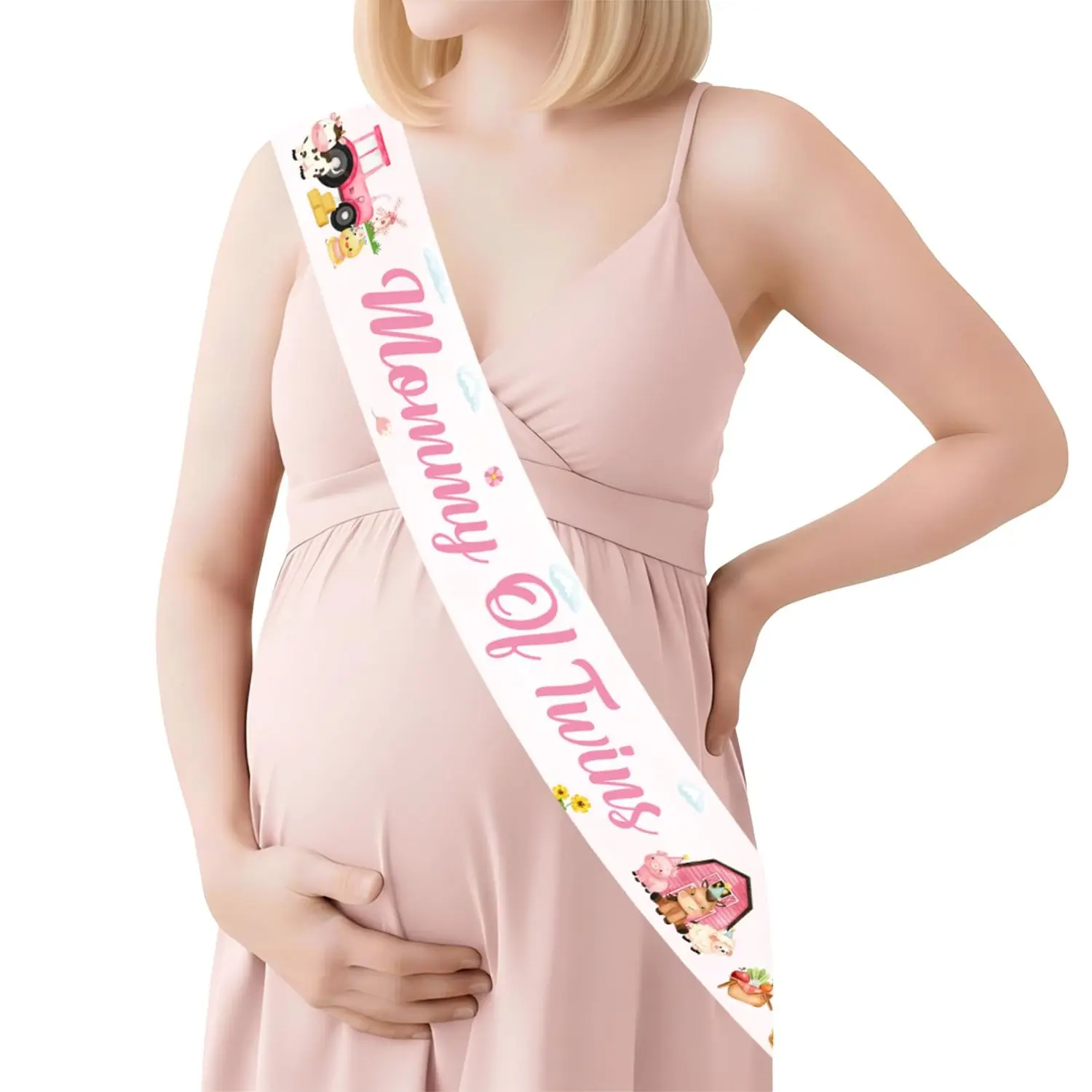 1-Set Patterned Pink Farmhouse Barnyard Twins Baby Shower Decorations, Adult Wearable Mom-To-Be Sash Gift, Farm Animals Themed Party Supplies for Pregnancy Event, Wearable Sash, Soft