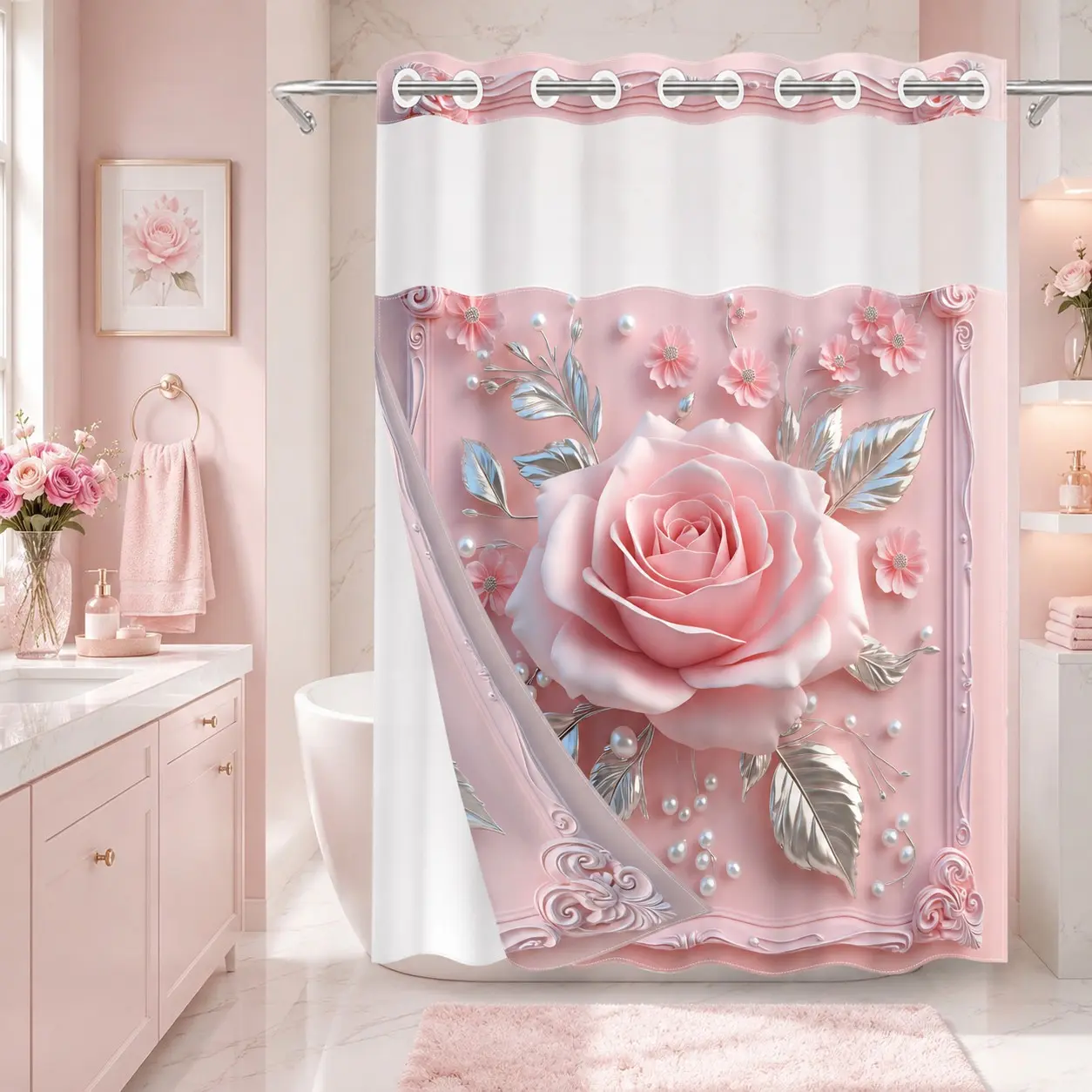 1PC/4PCS 2D Flat Printing Pink Silver Rose Pearl Decoration Patterned Girly Shower Curtain, home bathroom decor, shower curtain set with 12 hooks, non-slip bathroom rug, U-shaped toilet seat cover, toilet seat mat.
