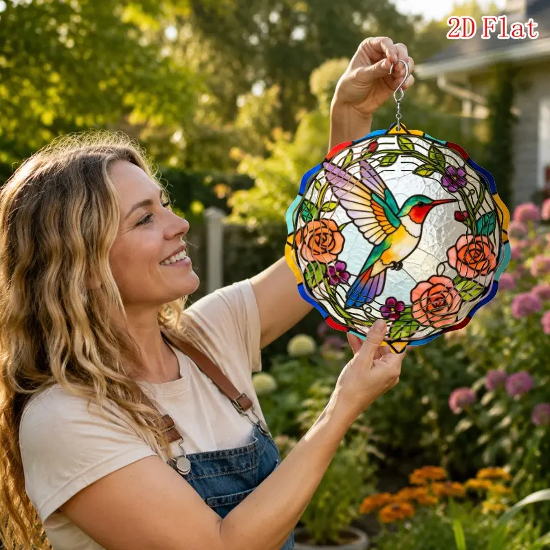1-piece iron art wind chime set, featuring colorful hummingbird wings and floral patterns, 10inch outdoor wind chime, with rotating hook, suitable for porch hanging decoration--DIY creative bird chirping sound system