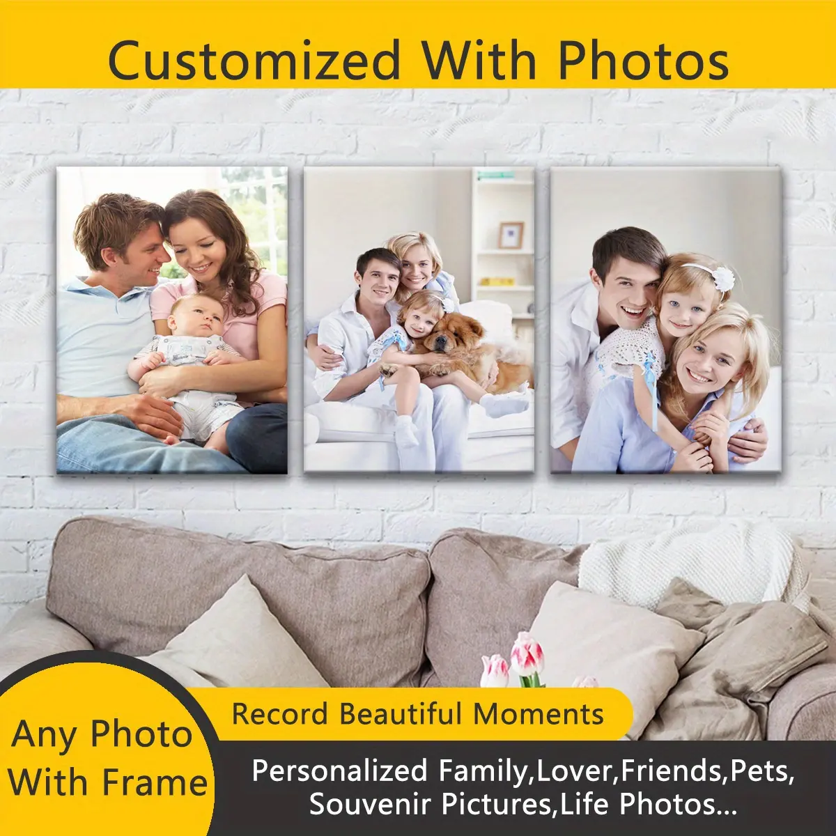[2D Flat] 3pcs Custom Photo Wooden Framed Canvas Painting, Personalized Family, Lover, Friends, Pets, Souvenir Pictures, Life Photos, Perfect Gift for Friends, Family And Partner, Living Room, Bedroom Wall Decor