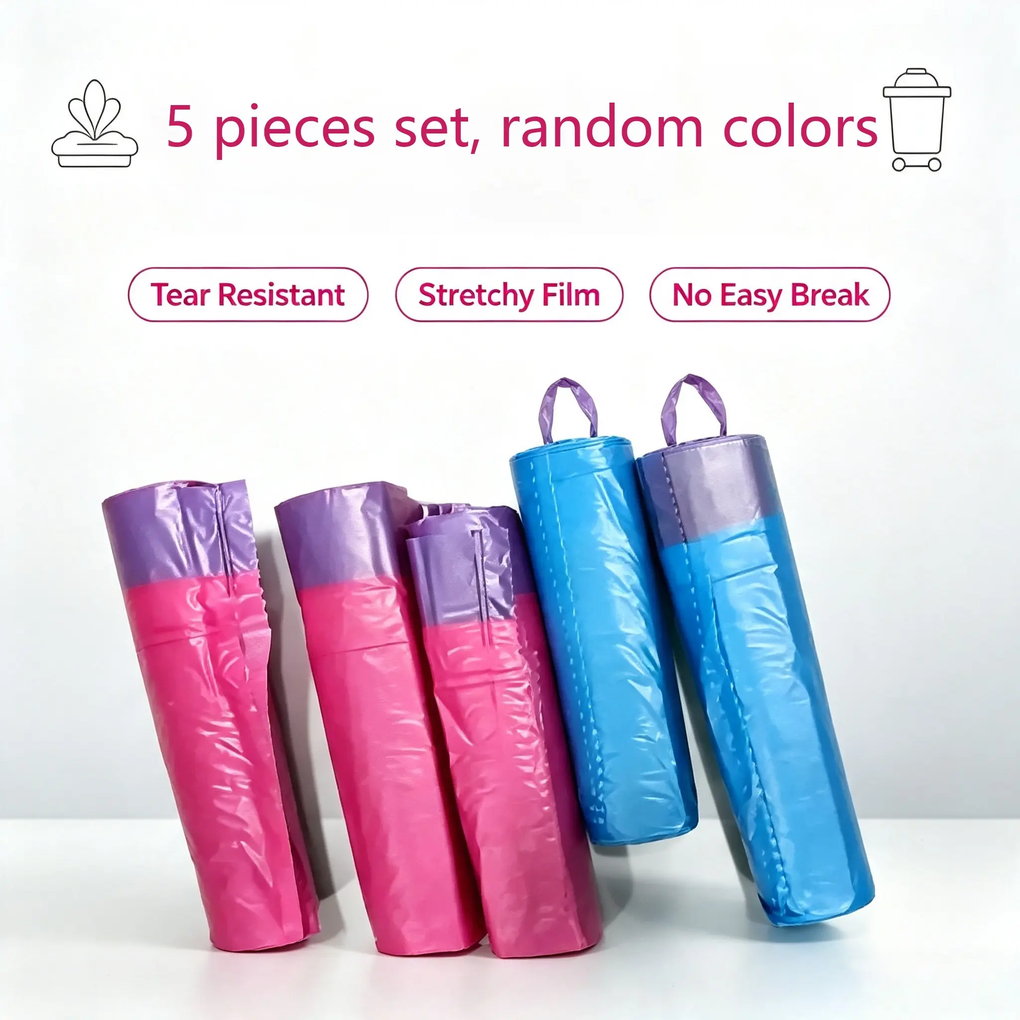 75 Pcs/5 Rolls Random Color Drawstring Trash Bags, Leak-Proof Thick Kitchen Garbage Bags, Home Care Supplies, Household Essentials, Plastic Trash Bags