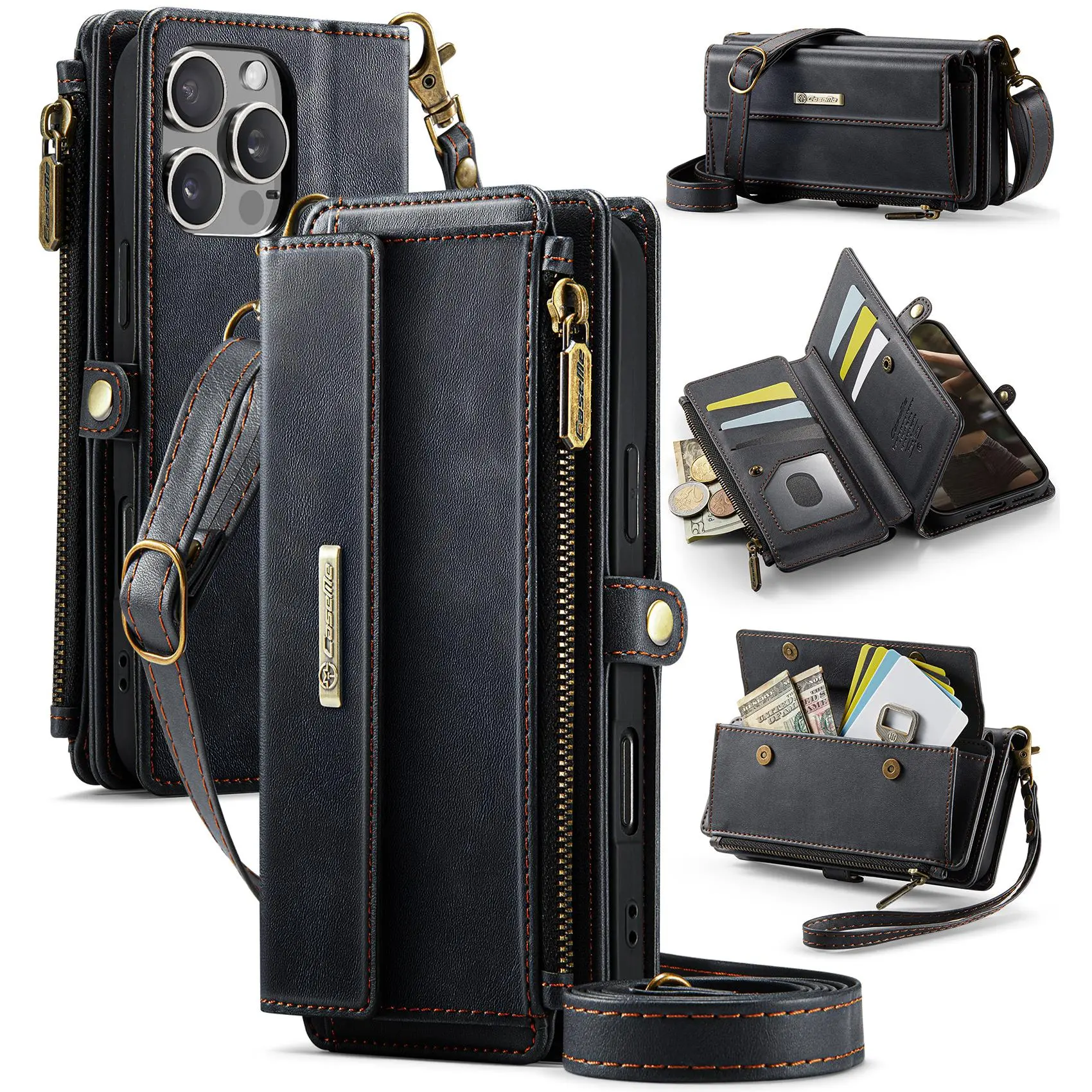 for iPhone 16e 16 Pro Max 16 Plus 16 Pro 16 Wallet Case, RFID Blocking Phone Case Women Men Kickstand flip Cover Wrist Strap Zipper Credit Card Holder Slots