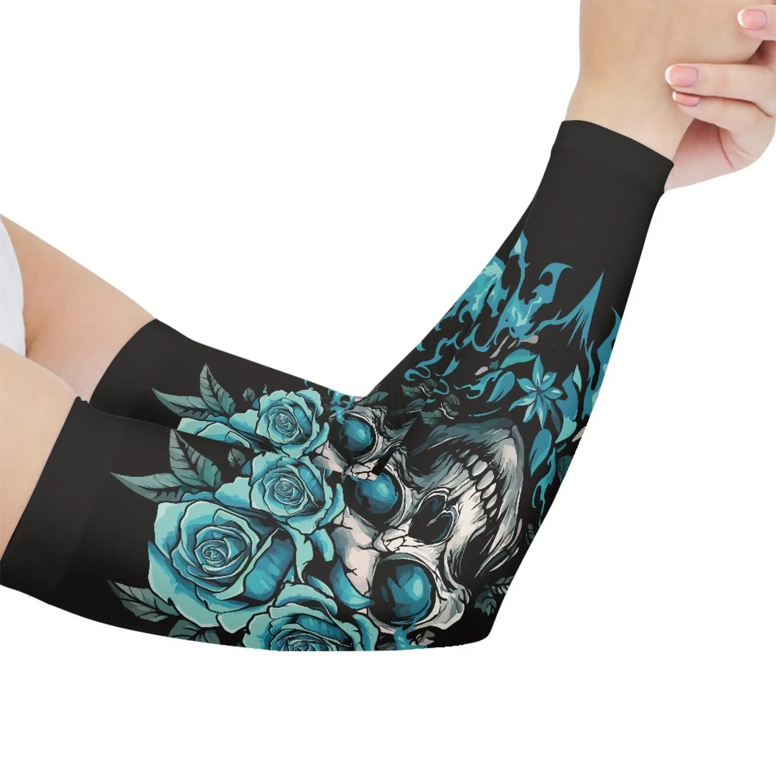 Colorful Gothic Halloween Cooling Arm Sleeves Blue Rose Skull Flame UV Sun Arm Sleeves Tattoo Protective Arm Covers, Ice Silk UV Shield Sleeves for Lake Halloween Camping, Pumpkin Patch Road Trips and Spooky Fall Outdoor Sports Events