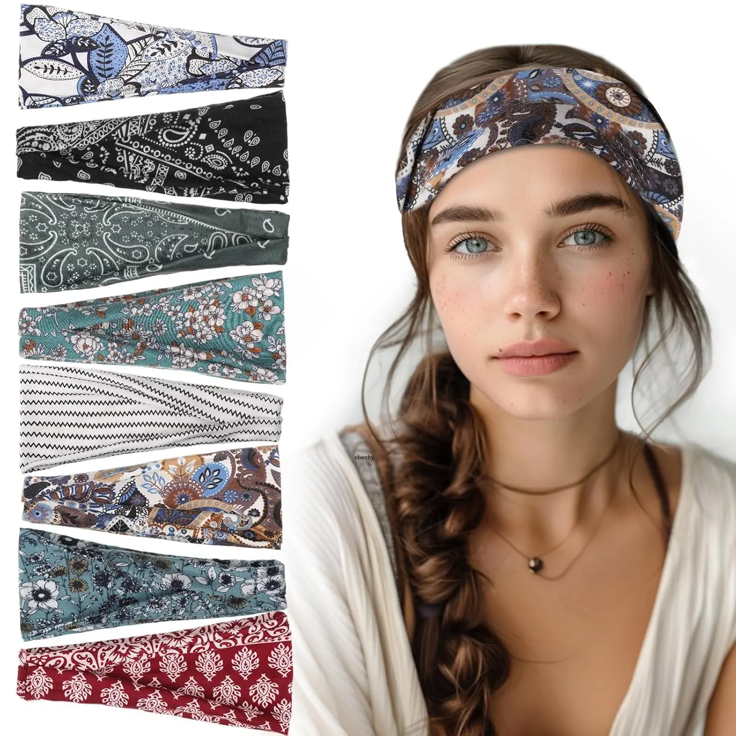 Women's 8-Pack Boho Wide Fit Headbands - Thin Non-Slip Outdoor Wear for Sports Enthusiasts, Summer Vacation Music Festival Outfits (Scarf-Inspired Design), Headband, Boho Prints, Bohemian, Sports Accessory, Female, Thin Fabric, Adults, Casual, Fashion Hea