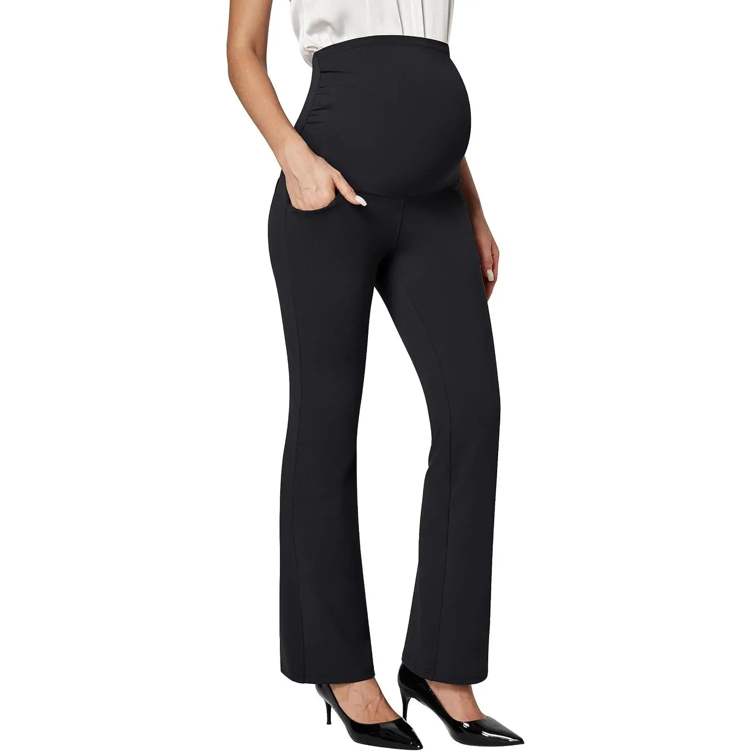 Women's Stretchy Over The Belly Maternity Work Pants with Pockets Pregnancy Dress Pants(Gift)