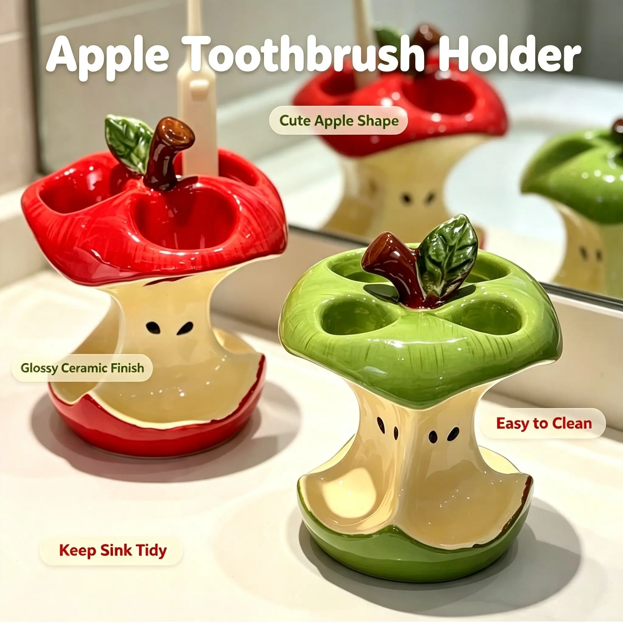 Single Piece Apple Core Ceramic Toothbrush Holder, Retro Creative Style, Glossy Waterproof, Organize Dental Tools, Student Dorm, Home Bathroom Storage