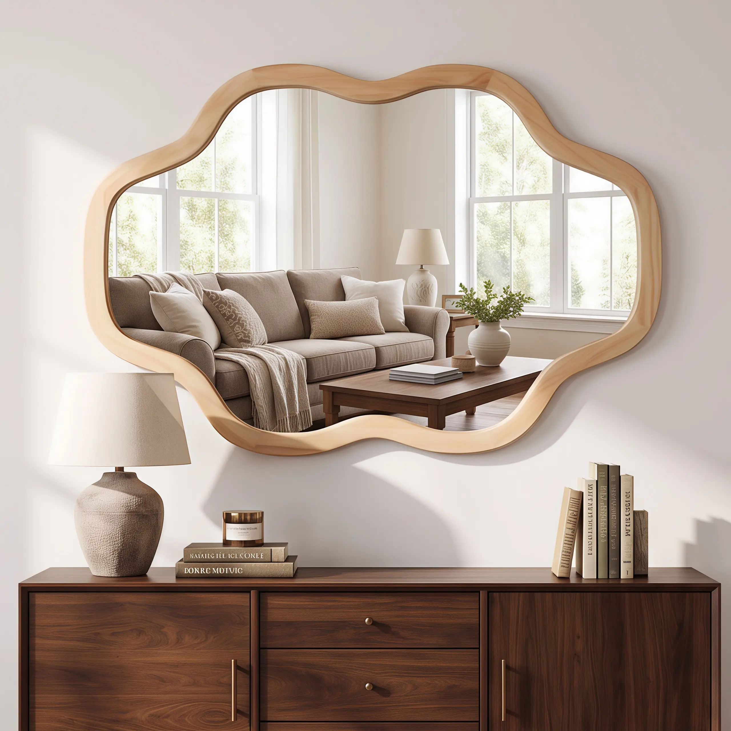 Nokaa 20x30 Inch Cloud Shape Wall Mirror Solid Wood Frame Natural Wood Finish Irregular Scalloped Edge Decorative Vanity Mirror for Bathroom Entryway Living Room Farmhouse Boho Art Deco Style, HD Tempered Glass, D-Ring Mount, Natural Wood Color