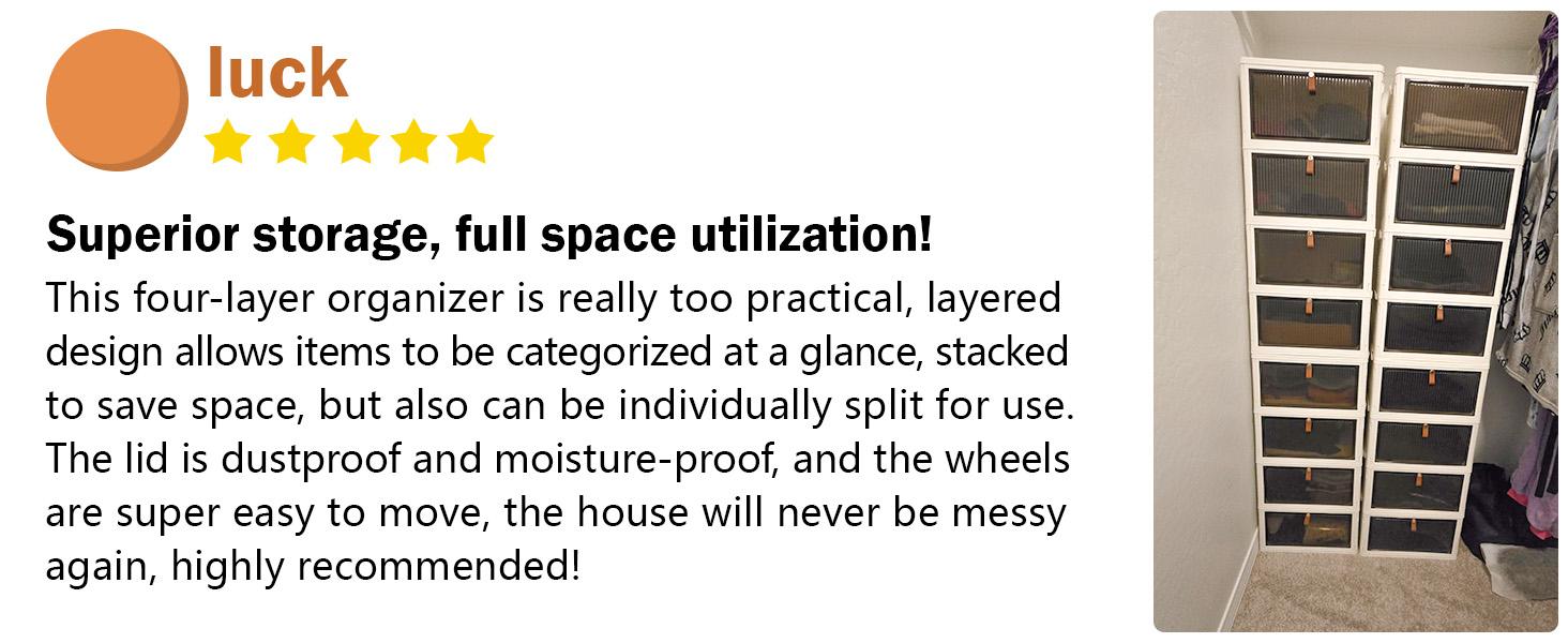 4 Tier Plastic Storage Bins with Lid 23QT, Stackable Storage Containers with Wheels, Folding Storage Boxes, Stackable Storage Bins, Organizers and Storage for Living Room,Office,Dorm