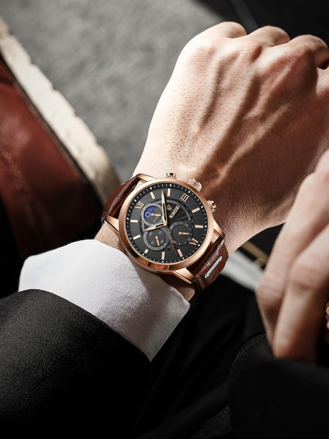 Men's Business Fashion Round Dial Analog Quartz Watch, Summer 2024 Casual Pu Leather Strap Watch, Perfect Gift for Men, with Box