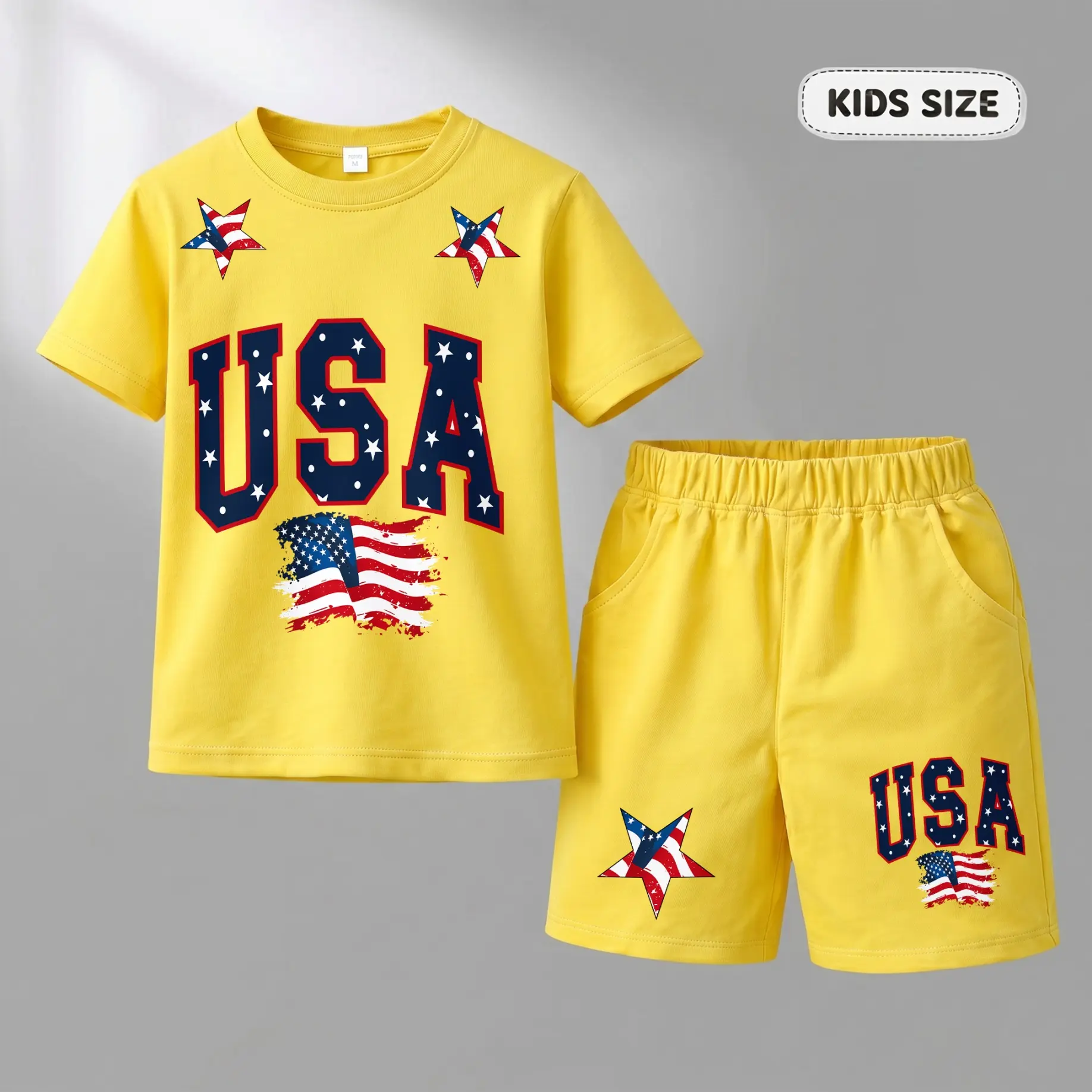Kids’ USA Athletic Style Graphic Print Summer T-Shirt & Shorts Set, Casual Two-Piece Outfit, Lightweight Street Style Clothing for Boys and Girls, Daily Activities and Travel