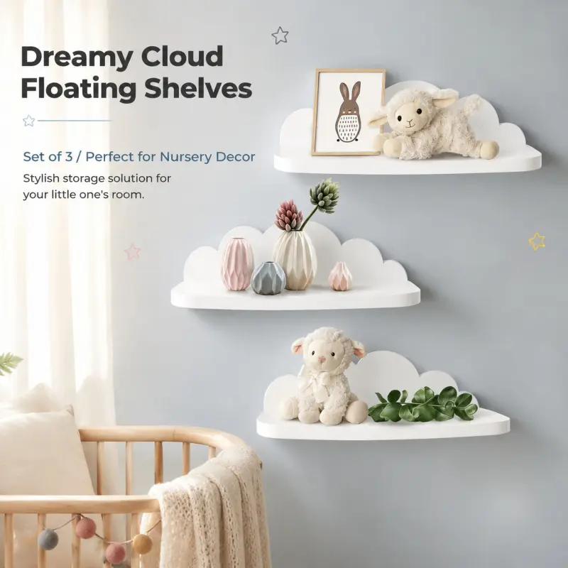 Set of 3 white cloud floating wall shelves invisible installation cloud shaped display rack minimalist wall decor Decoration