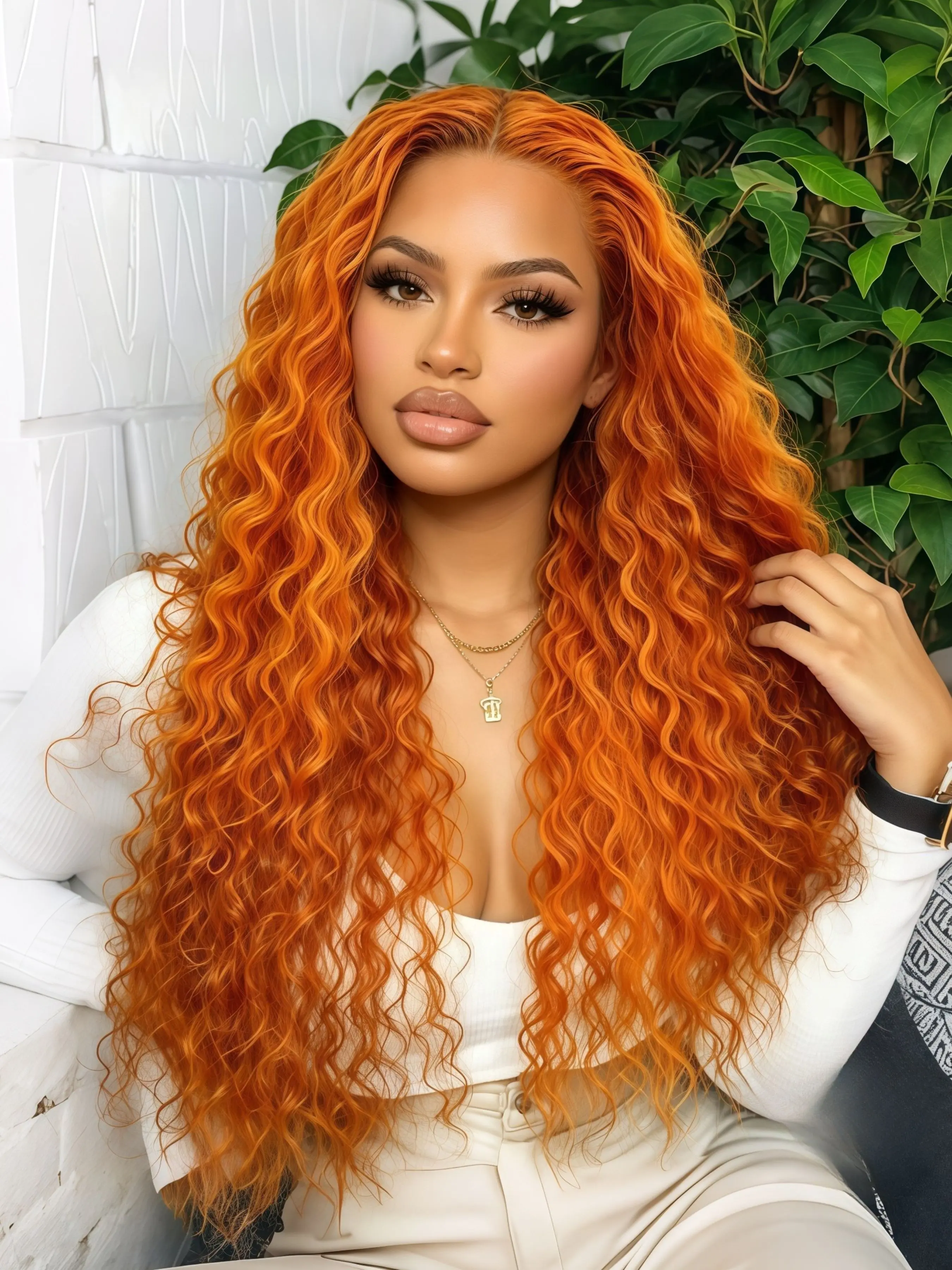 Ginger Orange Deep Wave Wig, 13x4 Lace Front Wig, Free Parting HD Transparent Lace Frontal Straight Wig, Pre-Plucked Natural Hairline, Heat Resistant Synthetic Fiber for Daily Wear and Music Festivals 28 Inches, Fluffy Curly Wig
