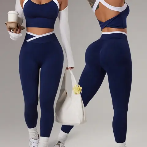 Women's Seamless Sportswear Set, Cross Back Design Bra & High Waist Butt Lifting Tight Pants, Comfortable Breathable Fabric, Summer Outfits for Gym & Workout, Yoga Activewear, Athleisure Activewear Clothing, Workout Exercise Clothing