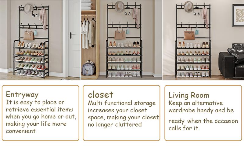 SORCEDAS Coat Rack Shoe Rack With Storage Shelf Freestanding with 8 Hooks for Entryway Bedroom Closet 4 Tier, Black
