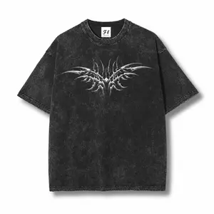 Men's Acid Wash Vintage Grey Heavyweight Cotton T-Shirt - Oversized, Printed Y2K Cyber Sigilism, Tribal Chrome Graphic, Gothic Grunge Streetwear Top (Printed Design - Not Textured)