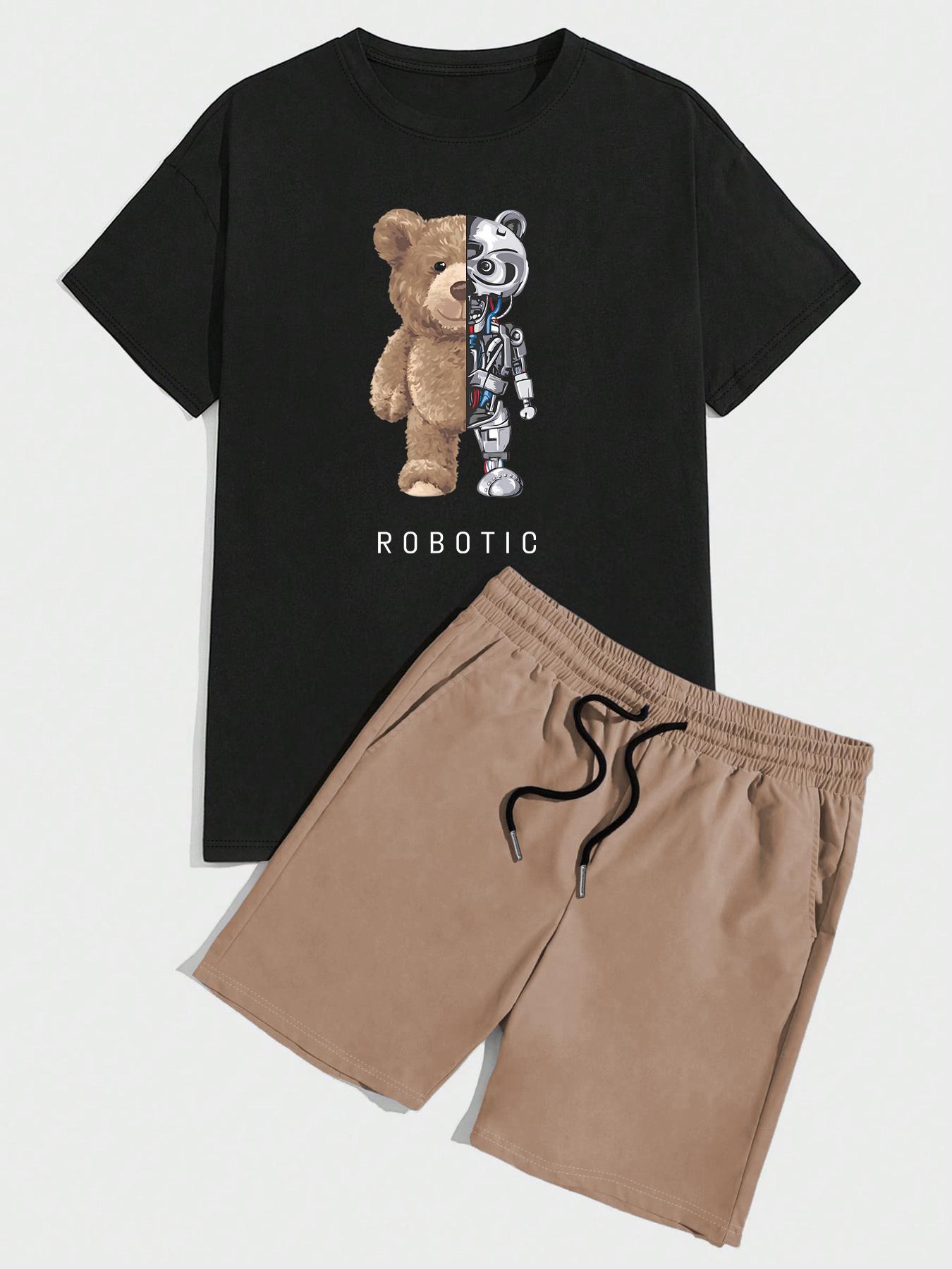 Two-piece Set Men's Bear Print Short Sleeve Tee & Shorts, Regular Fit Casual Round Neck T-shirt & Shorts, Men's Summer Clothes for Daily Wear, Loungewear, Shorts Pajama Set