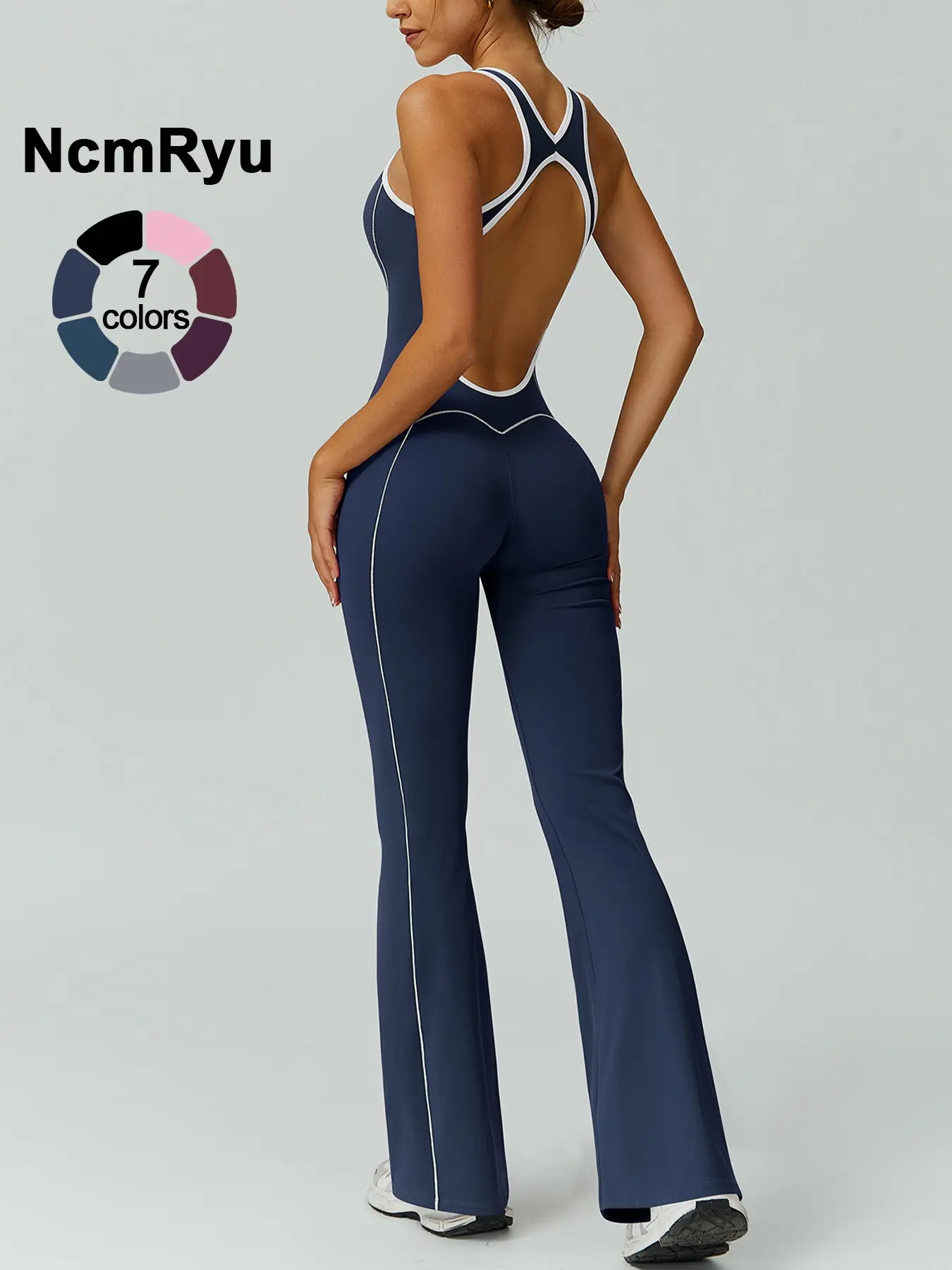 Women's color blocked Backless Sports Jumpsuit, Colorblock Sporty Jumpsuit, Sleeveless Workout Jumpsuit, Sportswear Jumpsuit, cinched waist sleeveless U-neck wide leg flared pants suitable for gym training outdoor running