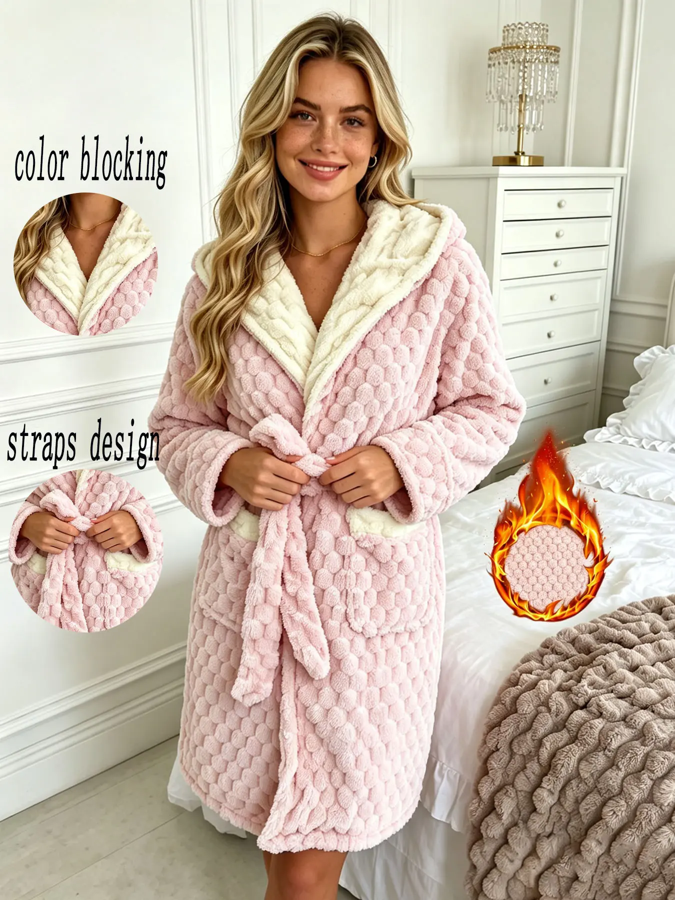 Women's Fall Winter Thickened Honeycomb Pattern Bathrobe, Block Collar Hooded Tie Waist Dual Pockets Short Warm Home Robe