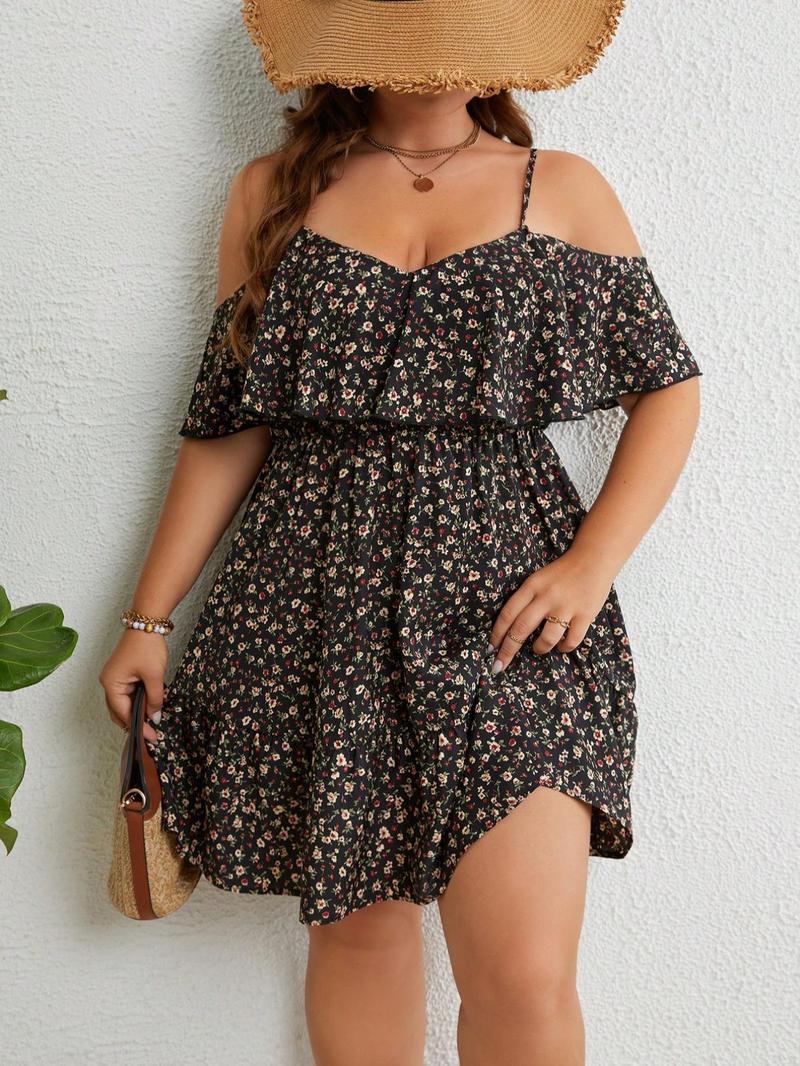 Plus Size Ditsy Floral Print Cold Shoulder Ruffle Trim A Line Dress, Boho Romantic Short Dress for Beach Vacation Holiday, Summer Outfits 2024, Dresses for Women, Women's Clothes for Summer