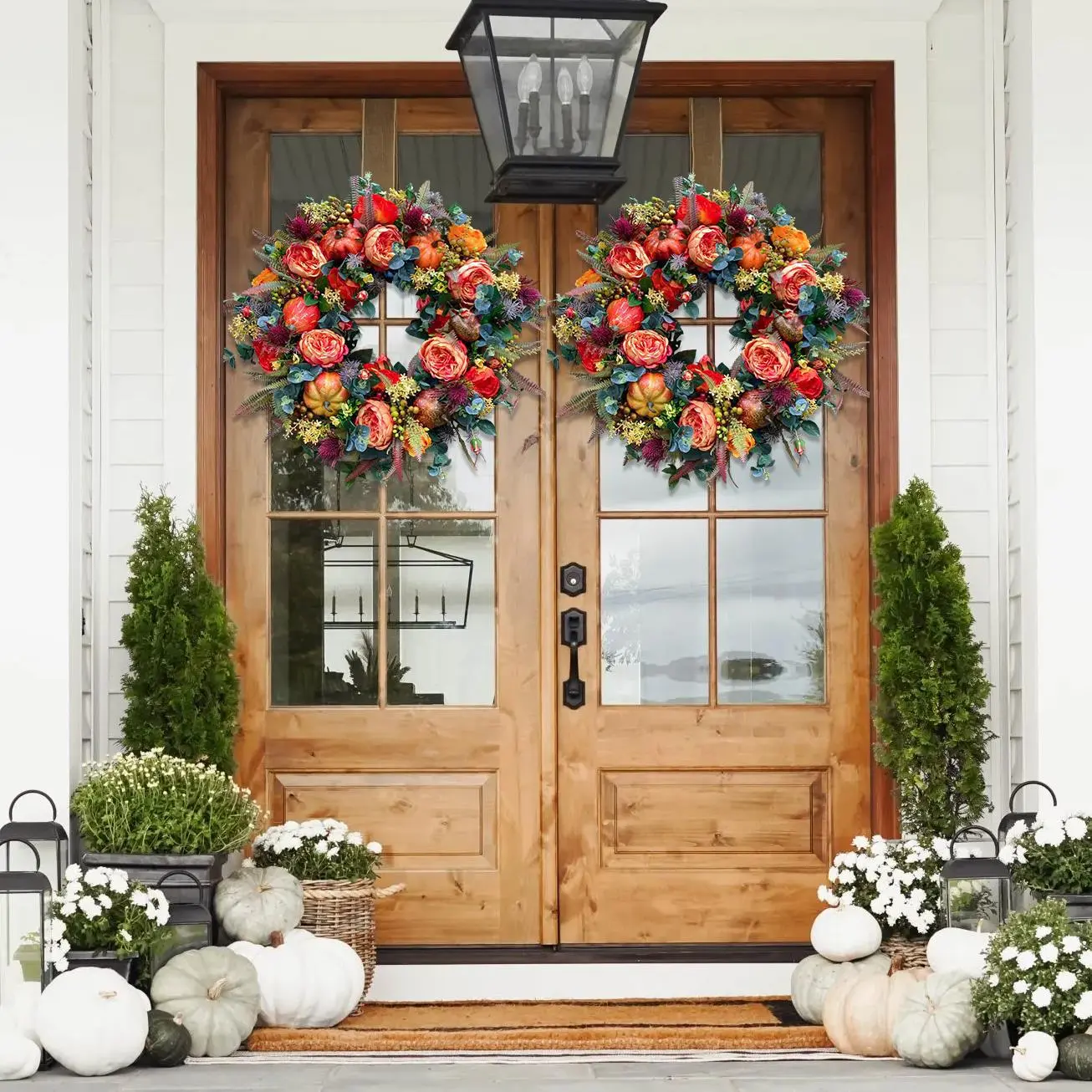 Autumn Pumpkin Wreath for Front Door, Farmhouse Fall Decor with Maple Leaves Roses Pumpkins Berries, Thanksgiving Indoor Hallway Decoration