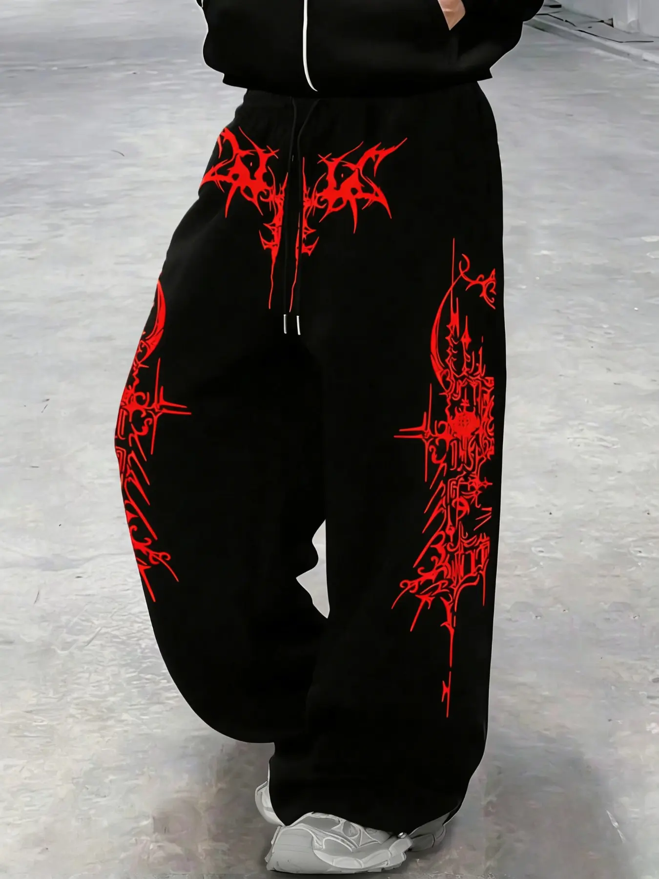 Y2K Gothic Print Camo Wide Leg Pants, Durable Fabric, Elastic Drawstring Waist, Tribal Pattern, Stackable Cuffs, Casual Streetwear