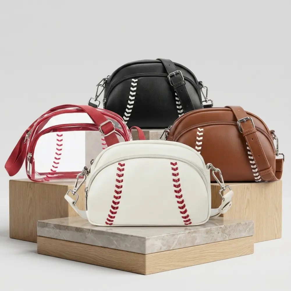 Vintage Baseball Soft PU Leather Shoulder Bag - Zip Closure, Adjustable Strap, Oval Shape, Phone Slot, Daily Use Athletic Crossbody Small Clutch, Gift for Sports Enthusiasts, Outer Patch Pocket, Portable, Oval Clutch, Interior Phone Pocket, Unisex, Casual