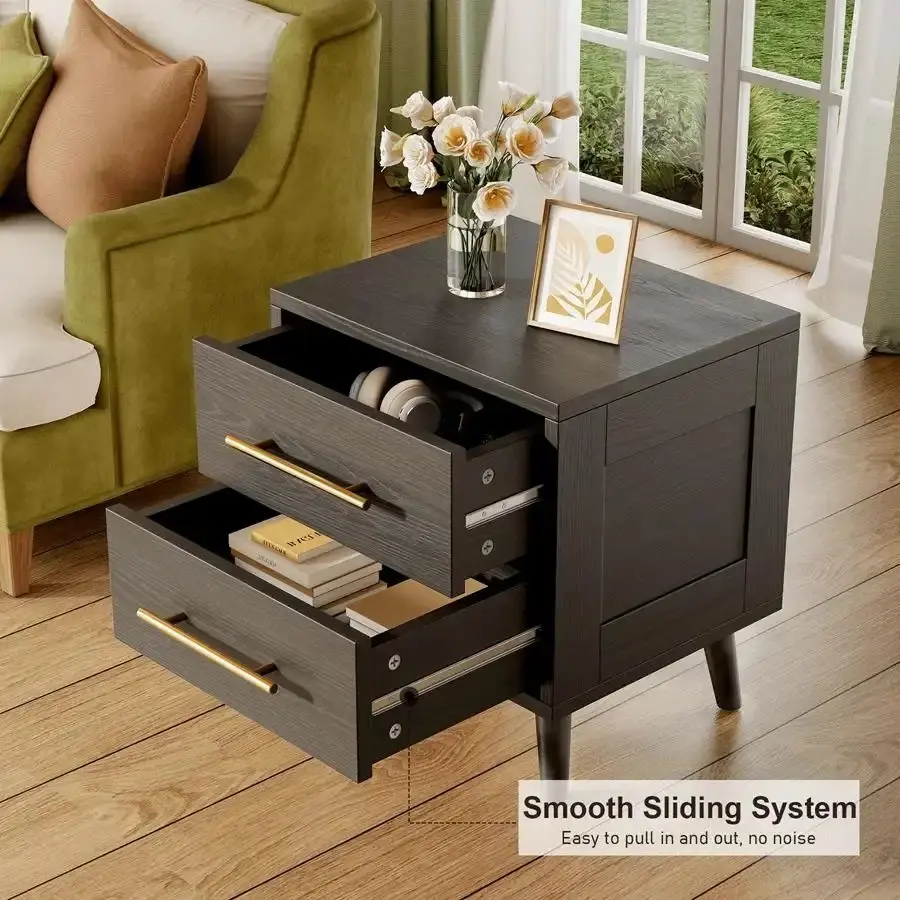 Classic 2-Drawer Modern Nightstand with Gold Handles - Indoor Furniture, Mirrored Console with Inlay Marble, Mobile Charging End Side Table with Wheels for Bedroom, Living Room