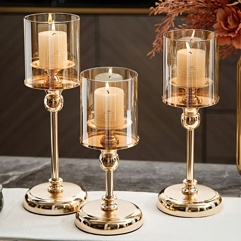 3pcs Set of Golden And Silvery Cylindrical Glass Candle Holders - Angel Theme, Metal Tabletop Decoration, Suitable for Homes And Cafes, Perfect for Halloween, Christmas, And Valentine'S Day, Candle Holders for Table Centerpiece