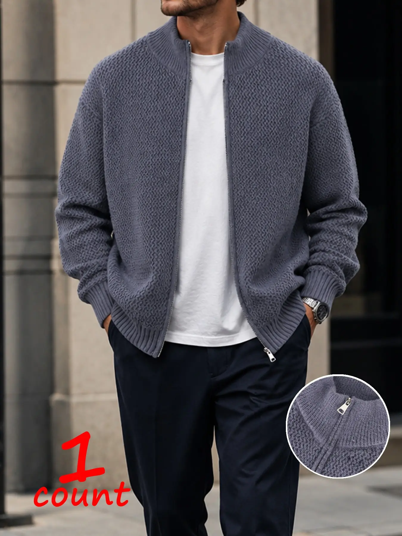 Men's Full Zip Textured Knit Cardigan, Stand Collar Solid Zip Up Sweater Jacket, Thick Soft Casual Outerwear for Fall Winter