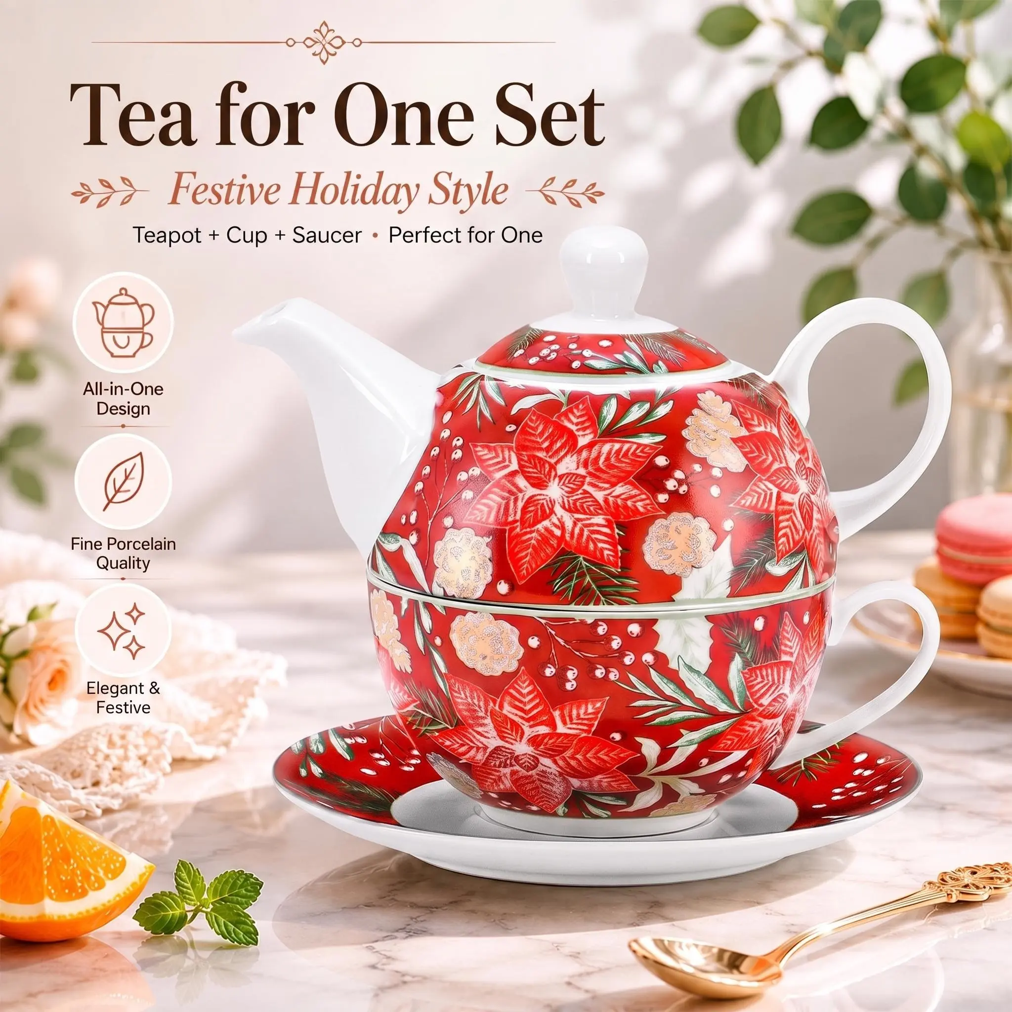 Tea for One Set, Festive Poinsettia and Holly Pattern, Porcelain Teapot with Cup & Saucer, Ceramic Tea Set for One, Gifts for Christmas, Mother's Day, Birthday, Stocking Stuffer, Dishwasher Safe, Microwave Safe