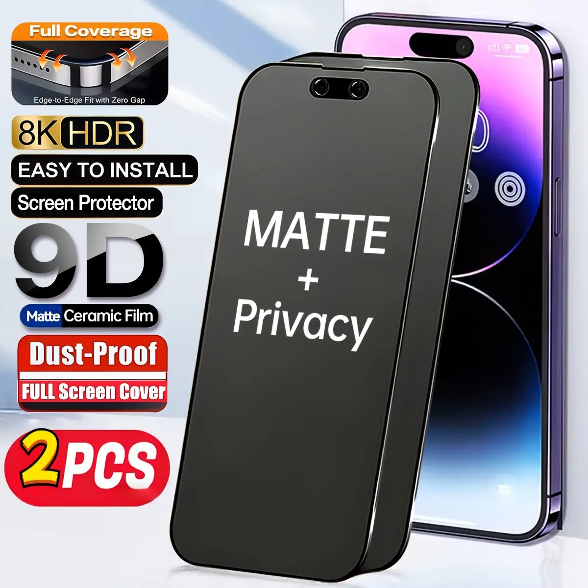 2-Pack 9D Matte Anti-Spy Protective Ceramic Film for iPhone 17/16/15/14/13/12/11 Pro/pro Max, 8k HD Dust-Proof Full Screen Protector