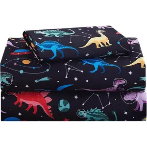 Kids Sheet Set Twin Size, Twin Sheet Set with Space Dinosaur Pattern, Breathable Silky Soft Microfiber Kids Fitted Sheet