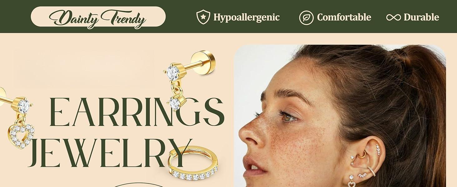 CASSIECA Flat Back Earrings for Women Cartilage Earrings Stacks-20G Surgical Stainless Steel Flatback Stud Hoop Earring Set Daith Conch Tragus Helix Piercing Jewelry