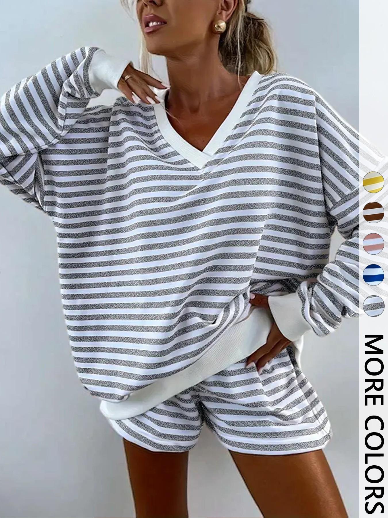 Women's Striped Print Long Sleeve Tee & High Waist Shorts Two-piece Set, Casual Round Neck Top & Shorts for Spring & Fall, Women's Clothes for Daily Wear