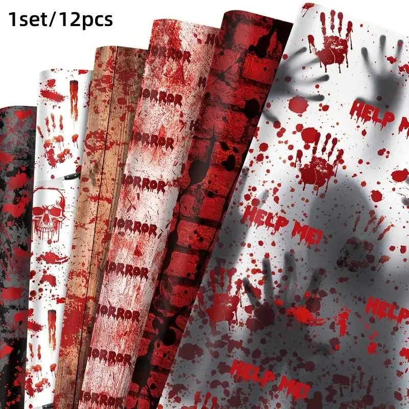 Halloween Party Wrapping Paper Roll, Blood Handprint Design, 12 Sheets, Horror Theme, Gift Wrap, Candy Wrapper, Party Decorations